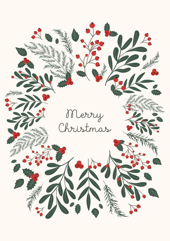 Christmas card with winter leaves and berries, rowanberries, branches. Vector template