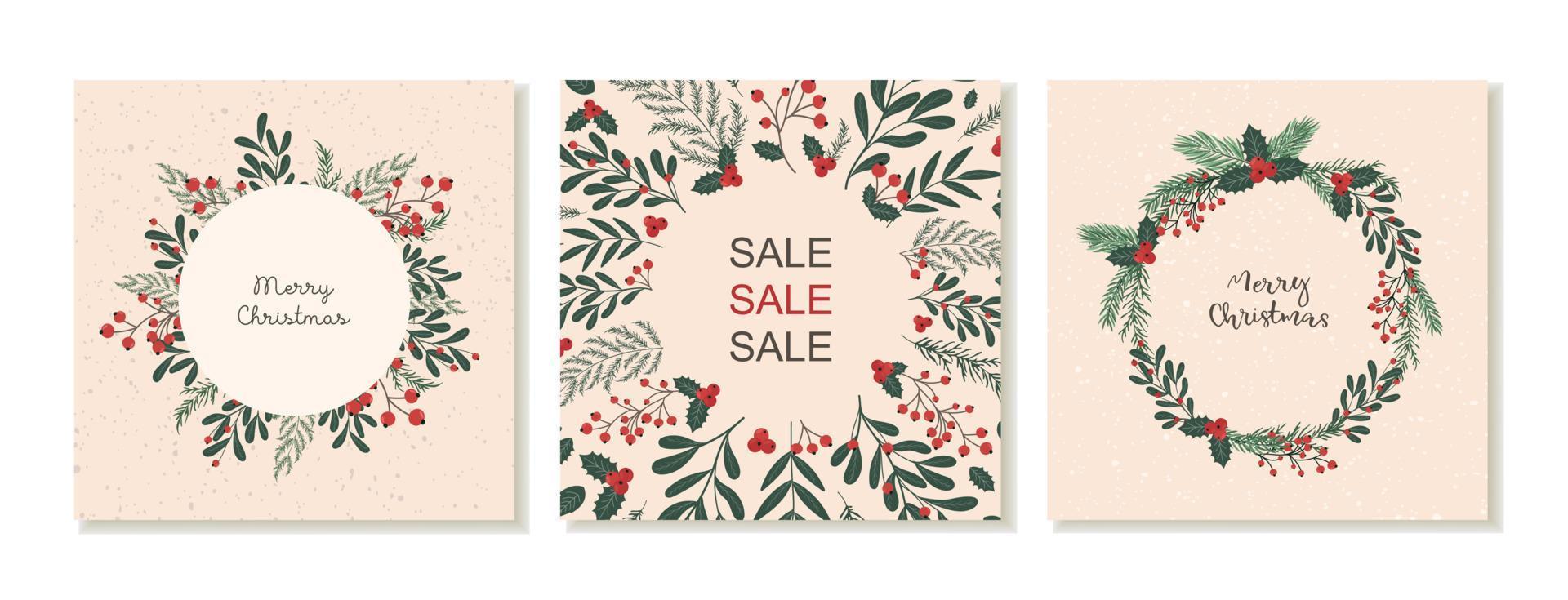 New Year's square post templates for social media. Christmas theme. Templates with winter plants, berries and branches. Vector