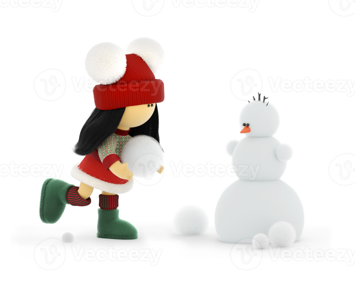 A cute rag doll in a knitted Christmas sweater sculpts a New Year's snowman png