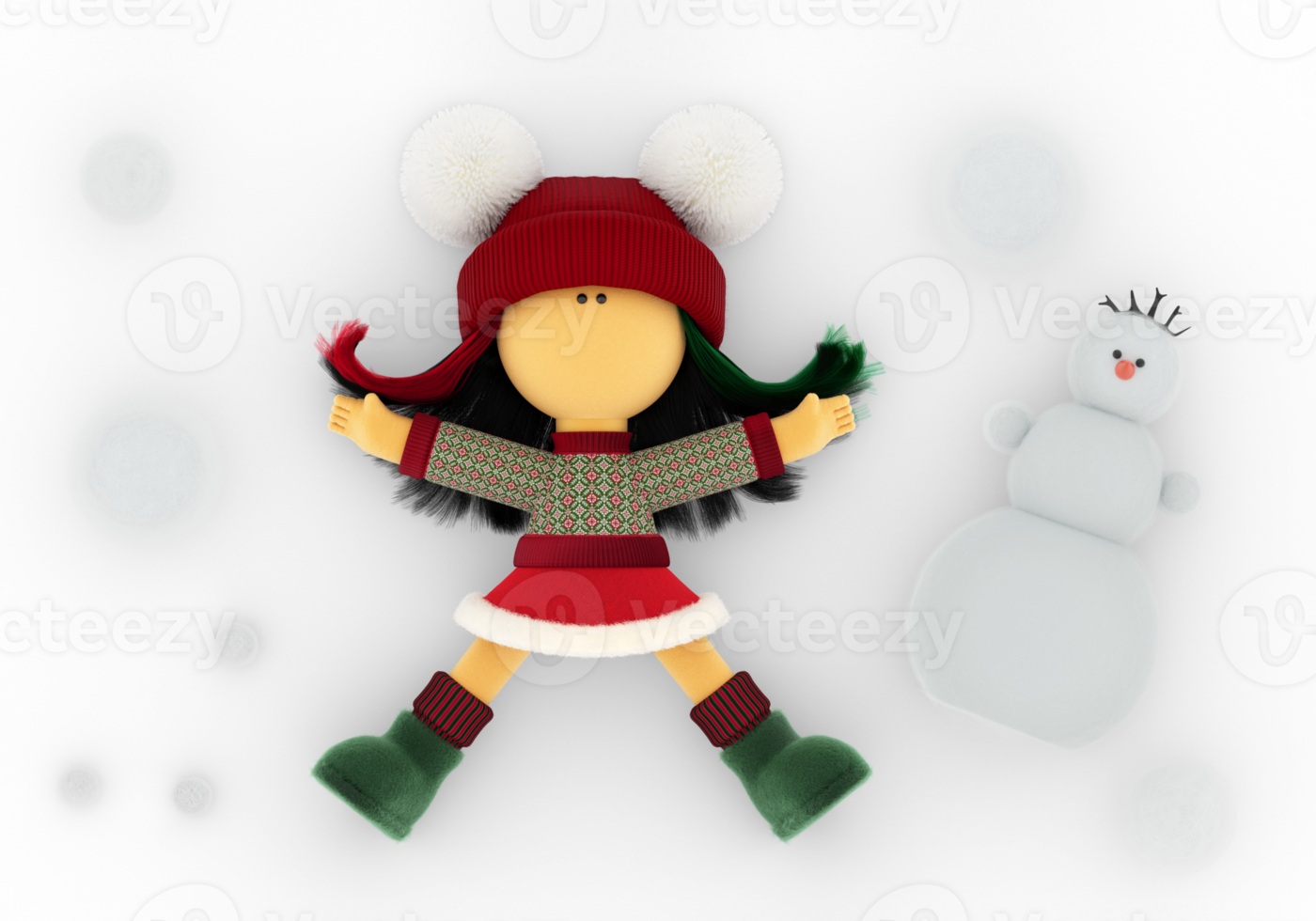 Snowman and rag doll in a knitted Christmas sweater like a snow angel png