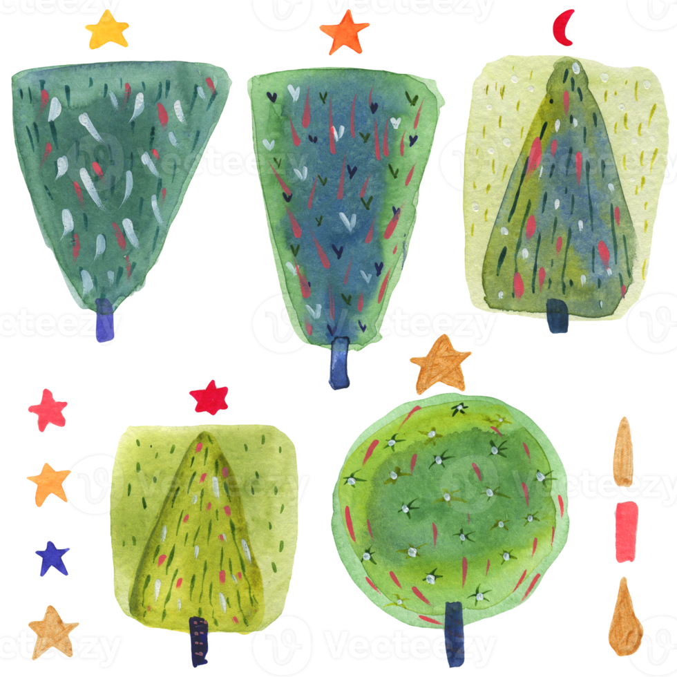 Green New Year Trees. Watercolor bundle png