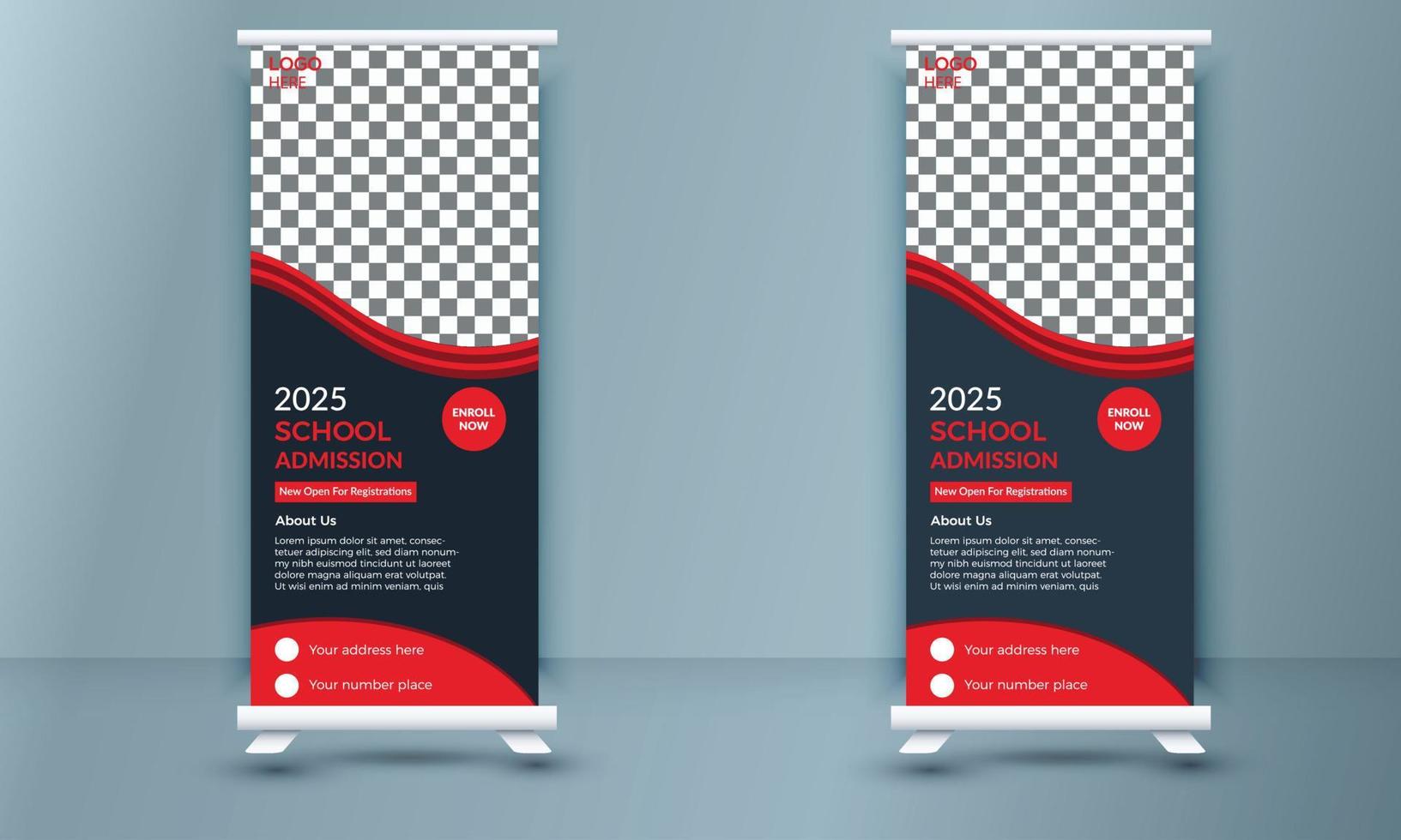 Back to school admission roll up banner template, school admission roll up banner design for school, college, university, coaching center vector template design.