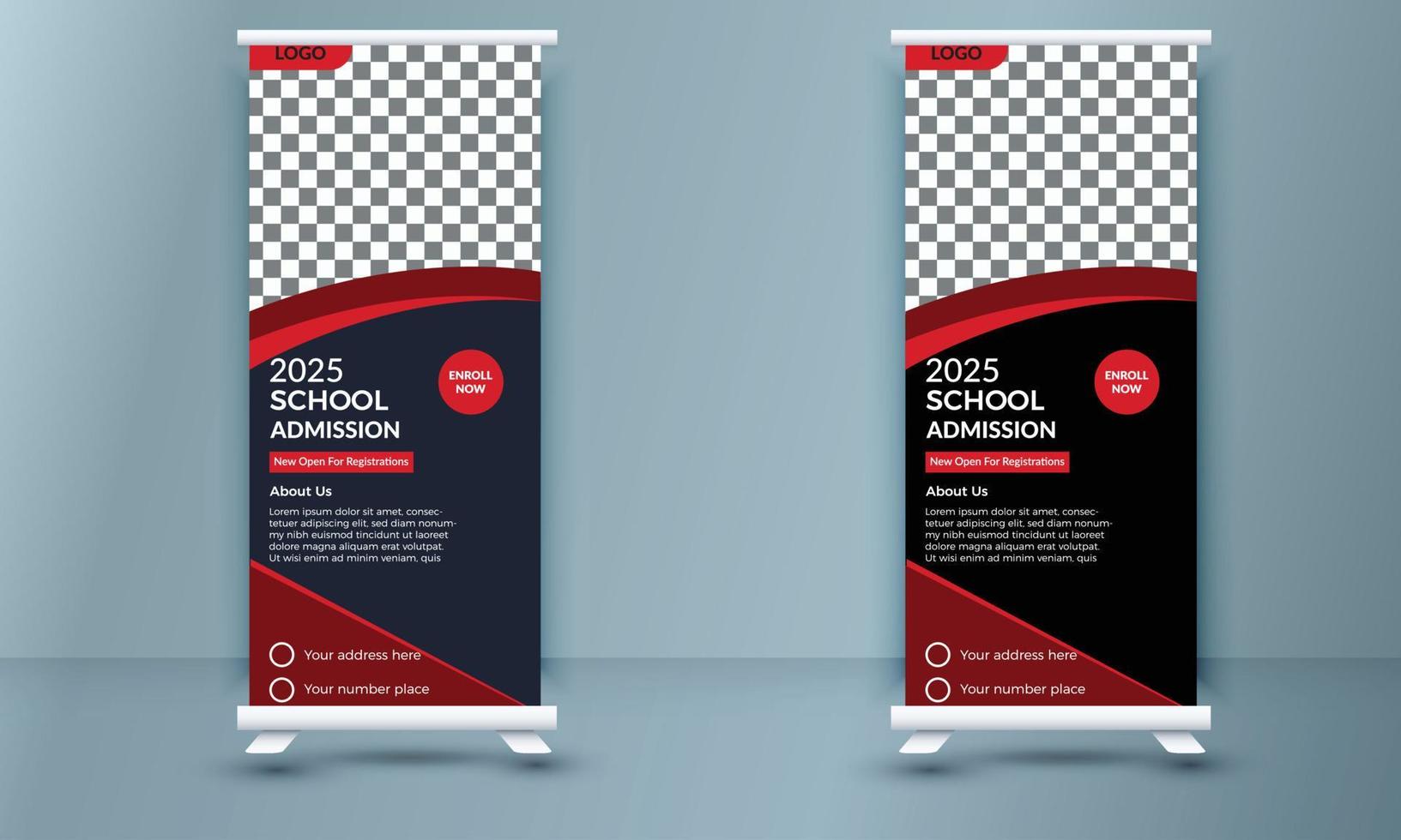 Kids school admission roll up banner template, school admission roll up banner design for school, college, university, coaching center template design vector
