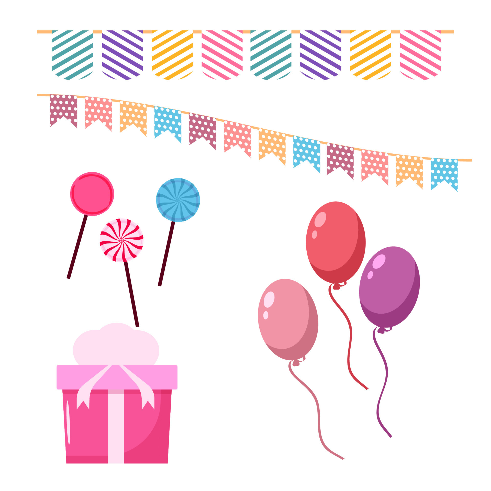 Birthday party decorations. Cartoon holiday elements set. Flags or