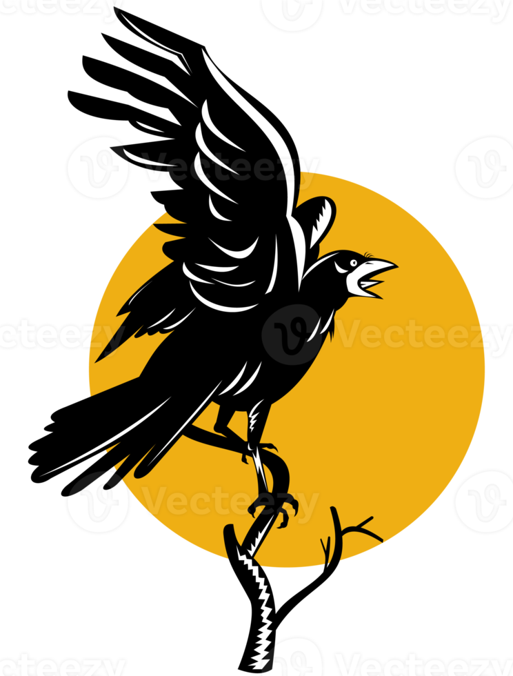 Raven Perching on Branch Retro png