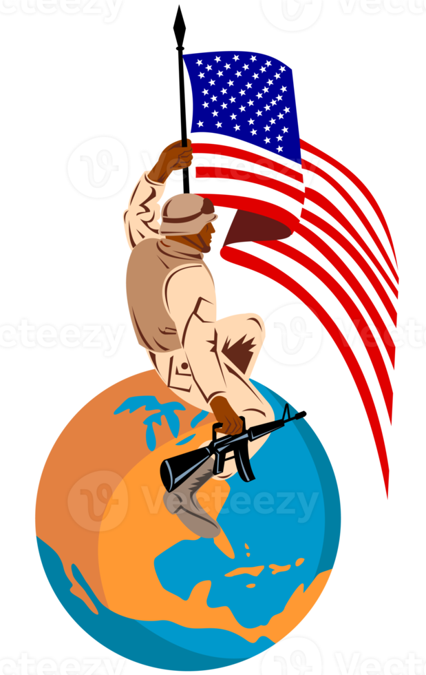 Soldat américain militaire avec fusil et drapeau au sommet du monde png