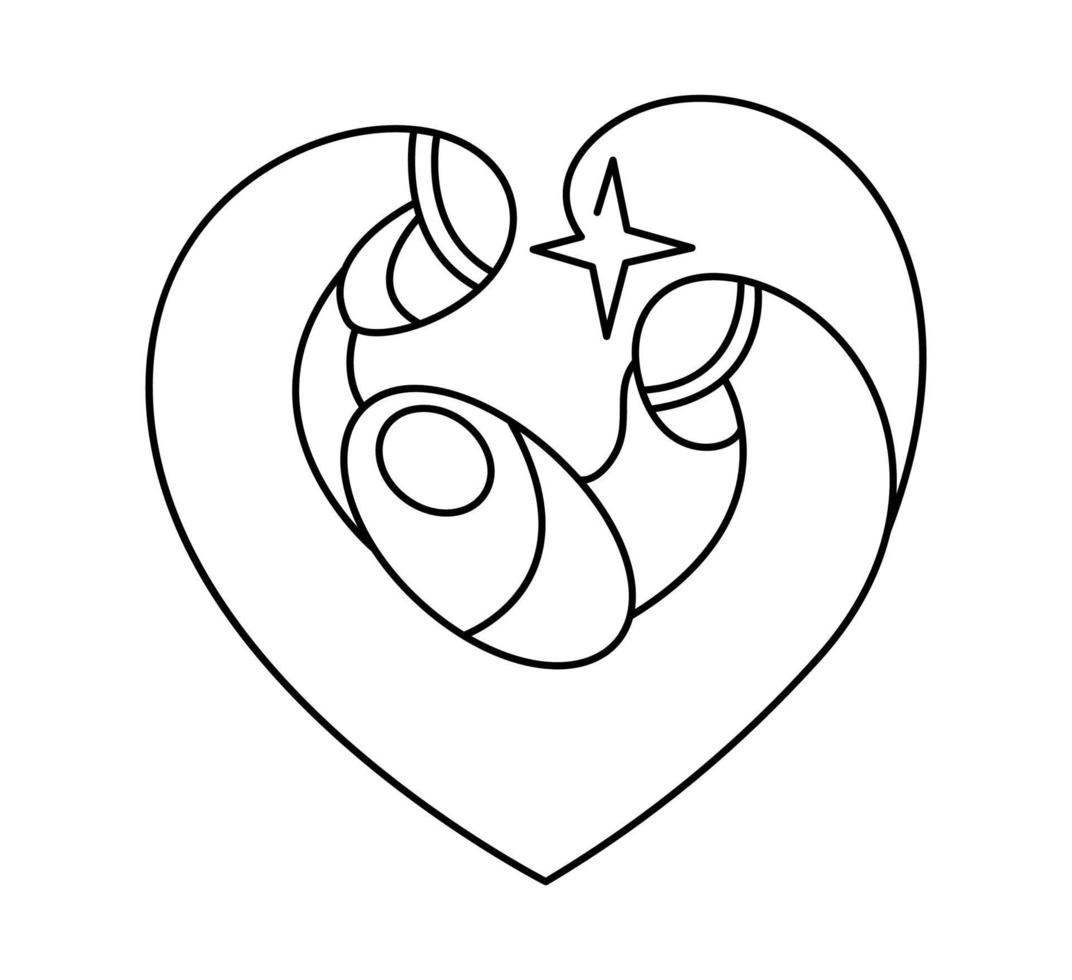 Christmas Vector Christian icon religious Nativity Scene of baby Jesus with Mary Joseph and star in form of heart. Continuous art line drawing, print for clothes and logo design, emblem one line