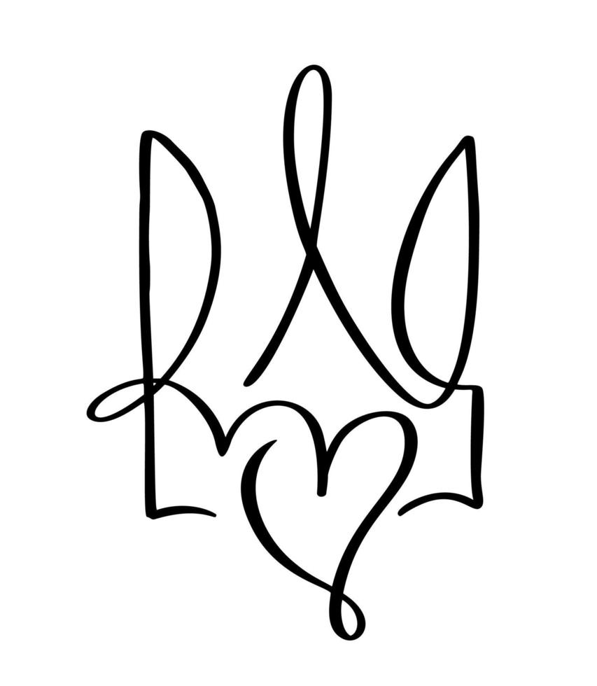 Vector National ukrainian symbol Trident icon with heart love. Hand drawn calligraphy Coat of Arms of Ukraine State emblem black color illustration flat style image