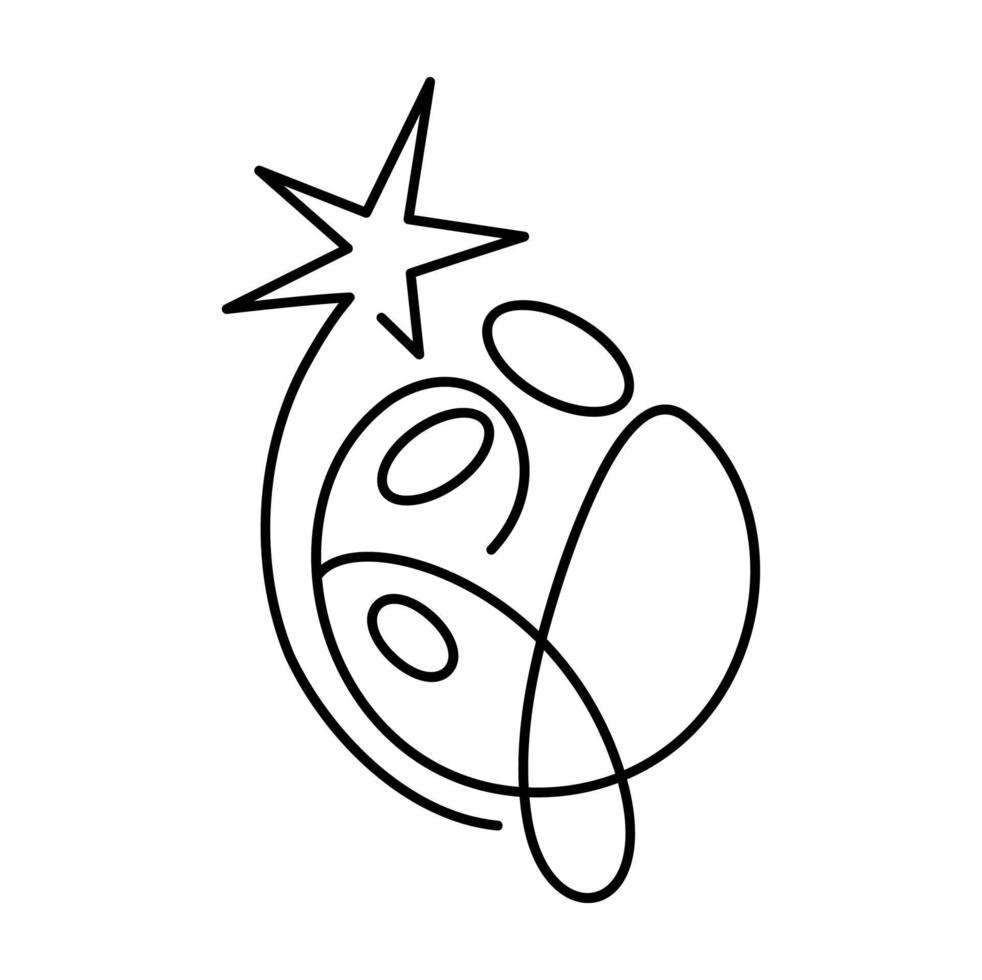 vector de navidad icono cristiano belén religioso del niño jesús con maría josé y estrella. dibujo continuo de líneas de arte, impresión para ropa y diseño de logotipos, emblema de una sola línea, aislado