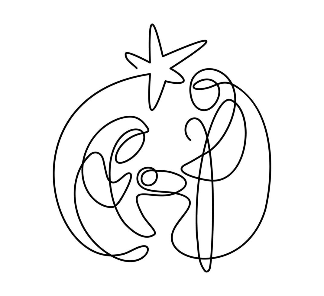 vector de navidad icono cristiano belén religioso del niño jesús con maría josé y estrella. dibujo continuo de líneas de arte, impresión para ropa y diseño de logotipos, emblema de una sola línea, aislado