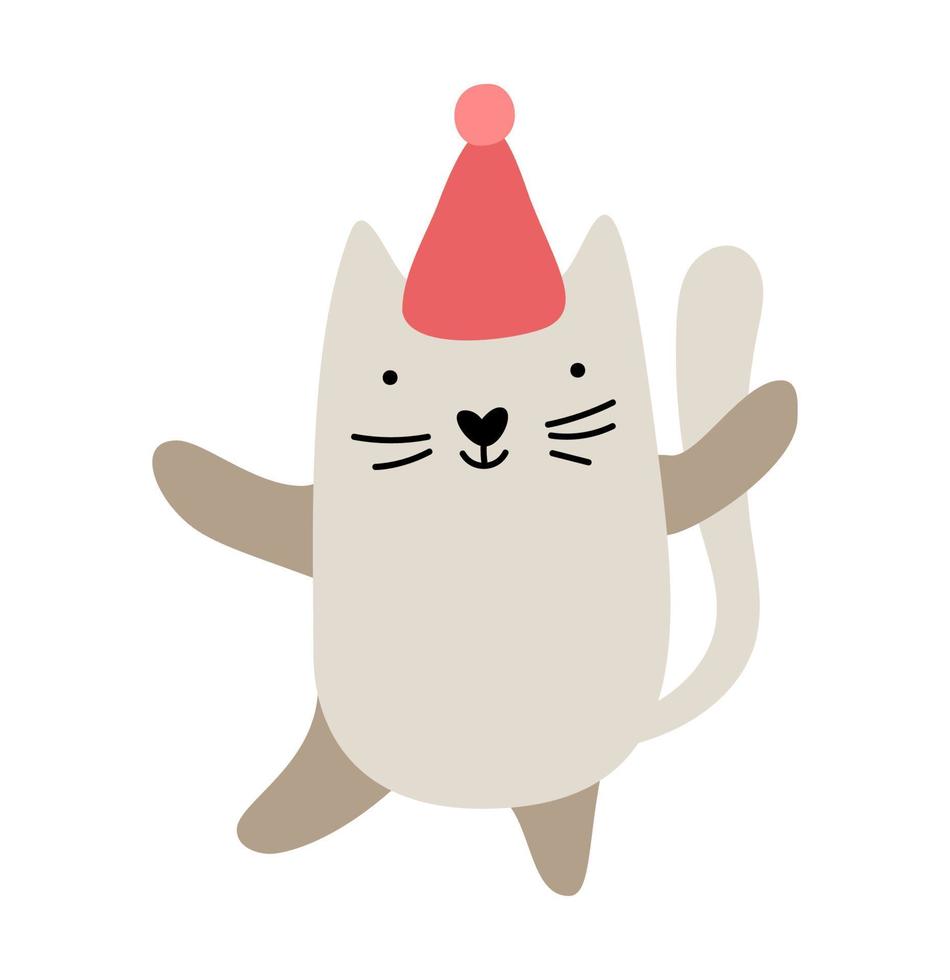 lindo bebé navidad dibujos animados vector invierno gato en sombrero rojo. doodle estilo escandinavo para año nuevo. recurso gráfico para contenido gráfico, pegatina de banner