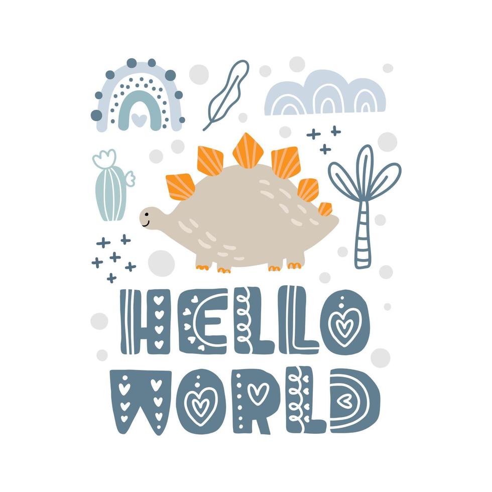 Baby boy dinosaur composition and Hello world text. Vector dino illustration in flat style with cactus, palm and rainbow for designing dinosaur party, children holiday