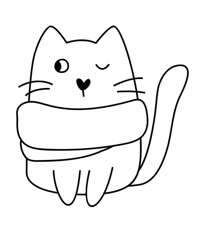 lindo bebé navidad dibujos animados vector invierno gato en bufanda. líneas en blanco y negro. doodle estilo escandinavo para año nuevo. recurso gráfico para contenido gráfico, pegatina de banner