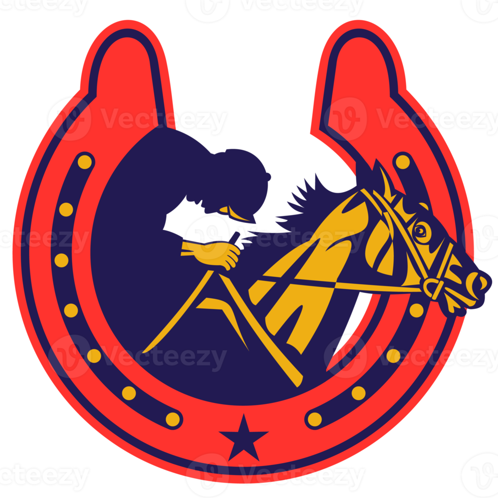 Horse and jockey racing with horseshoe png