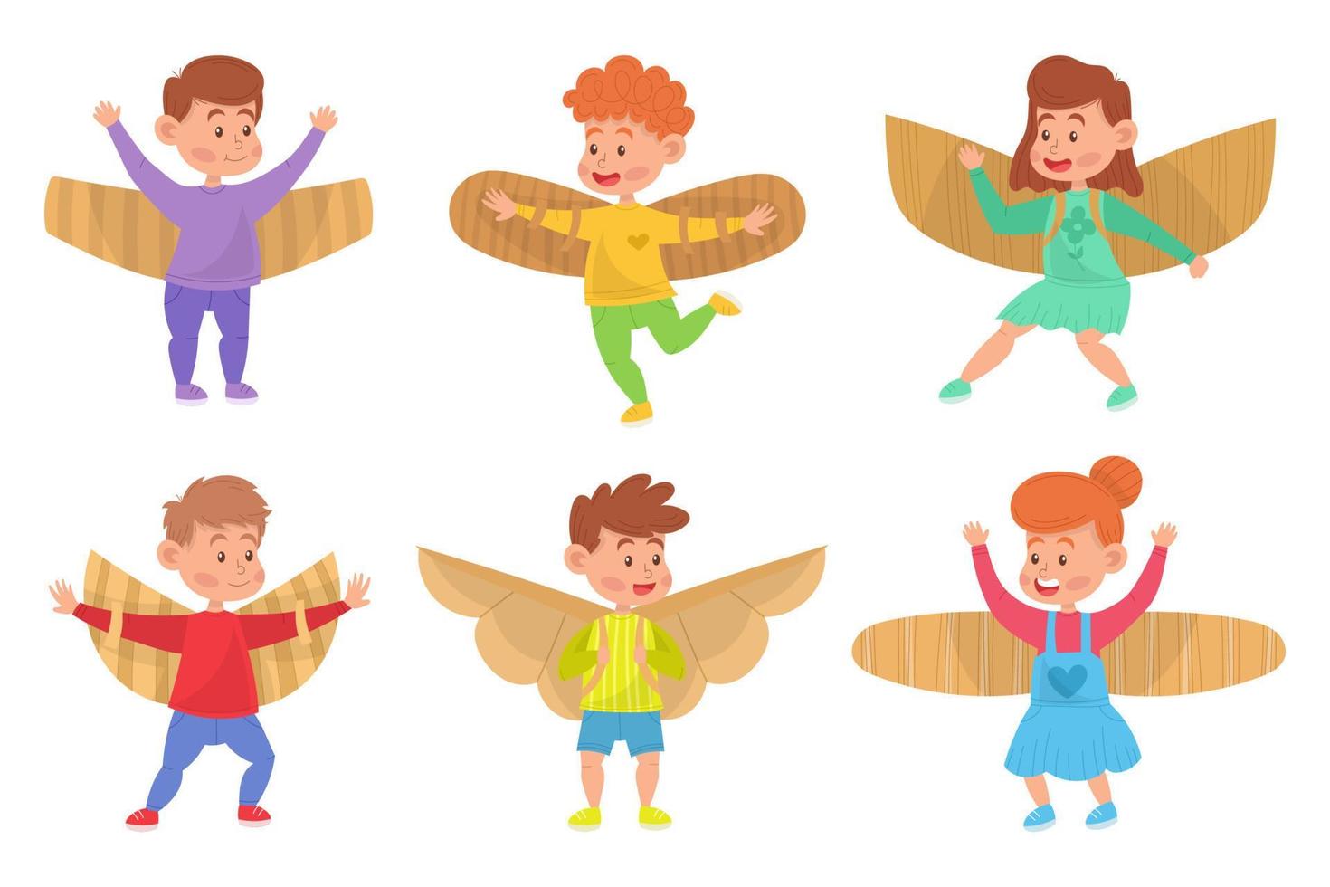 conjunto de niños lindos. divertido disfraz de niño y niña con alas de avión de cartón y papel. personajes en varias poses y ropa. colorido estilo de dibujos animados planos simples. ilustración vectorial aislada. vector