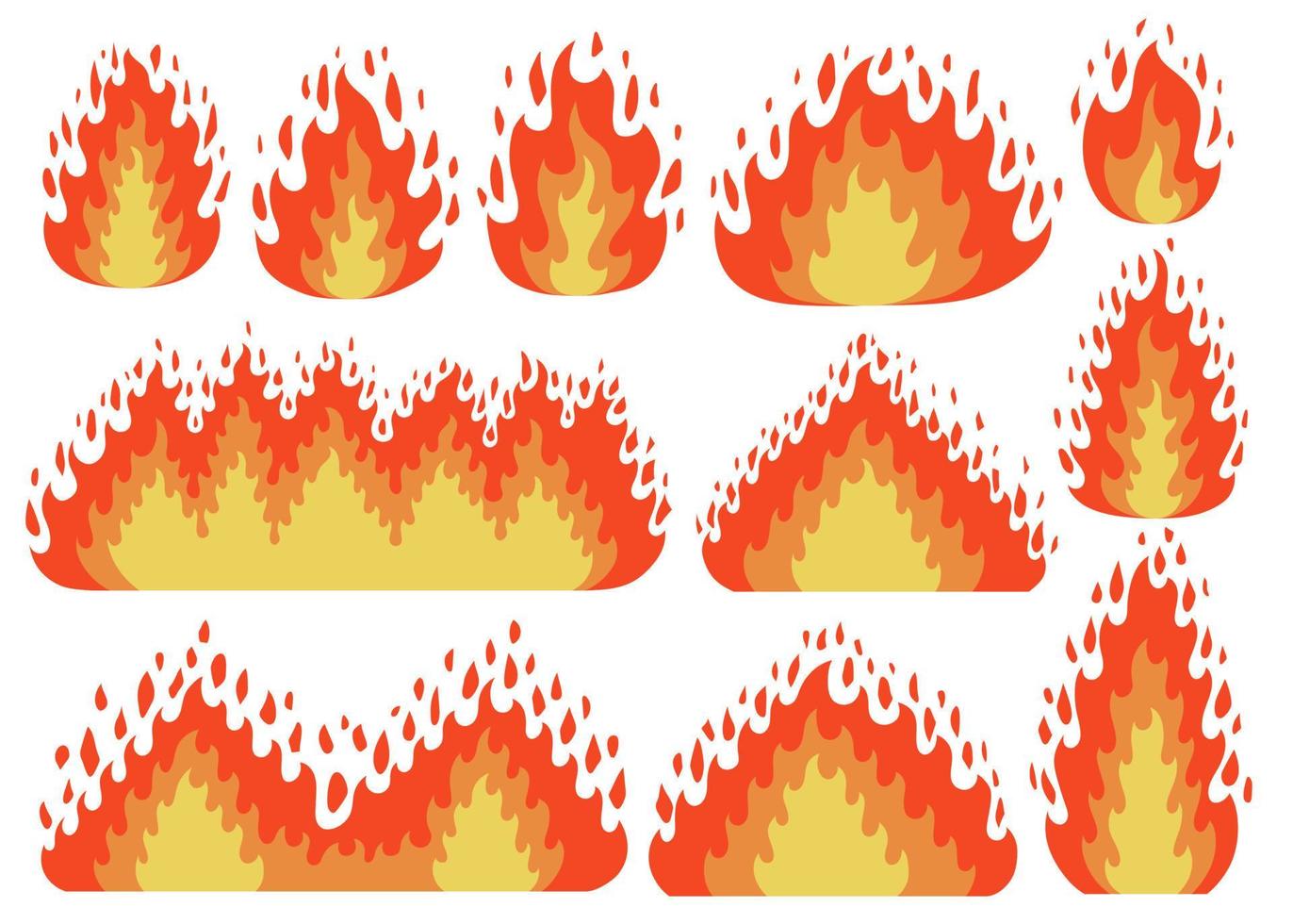 Set of fire flame icon in cartoon and flat style. Isolated object in different forms. Vector illustration.