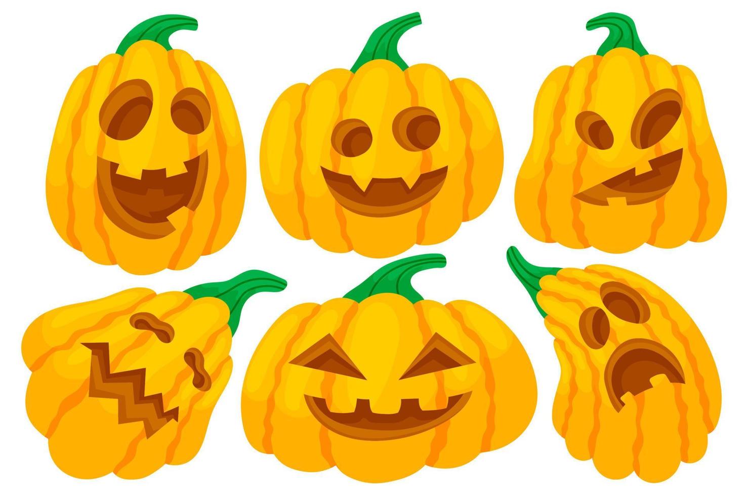 Set of colorful halloween pumpkins with funny faces. Cartoon and flat style. Vector illustration isolated on white background.