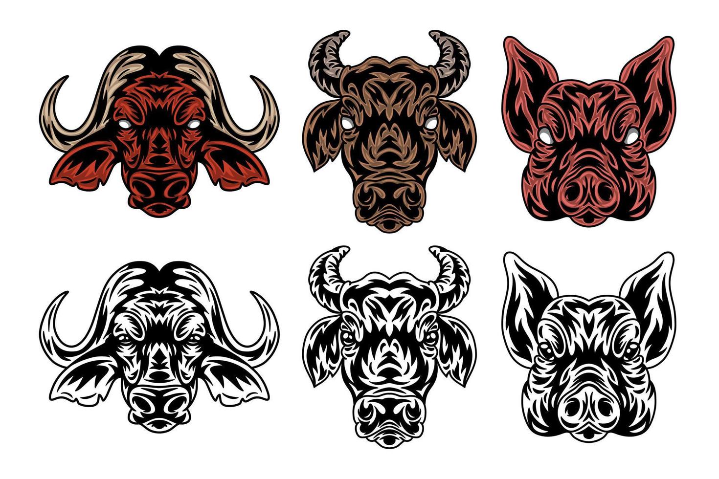 Animal face buffalo, cow, pig vintage retro styled. Vector illustration isolated on white background. Design element.