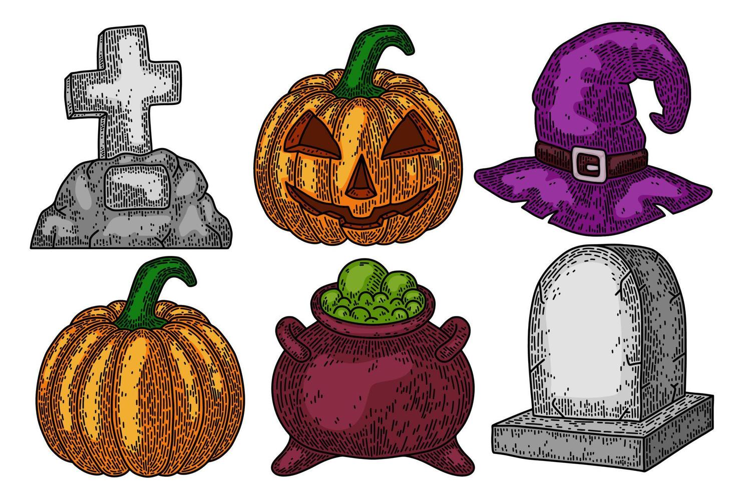 Halloween set. Scary pumpkin, cauldron and witch hat, gravestone. Isolated on white background. Design element for banner, menu, poster, web. vector