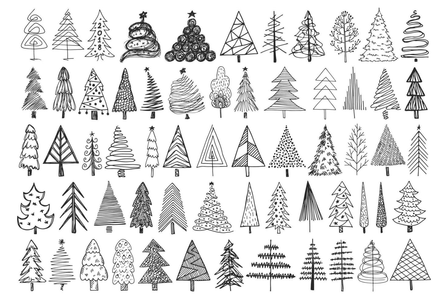 Set of hand drawn Christmas tree icons. vector