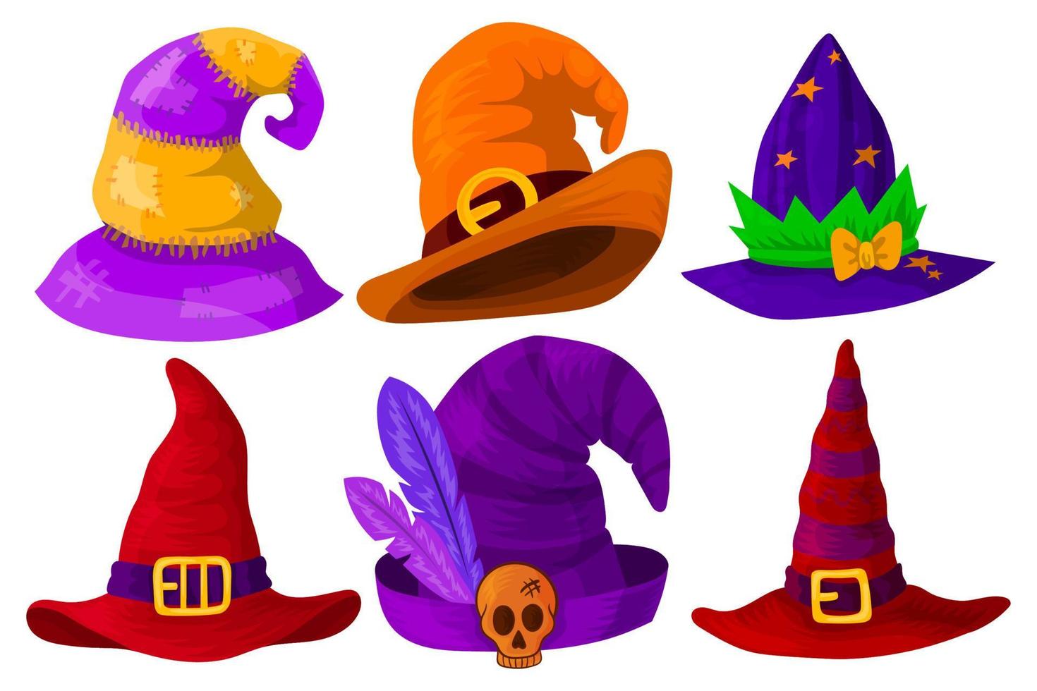 Set of hats of wizards, magicians, witches of different colors and shapes. Isolated object on a white background. Vector illustration.