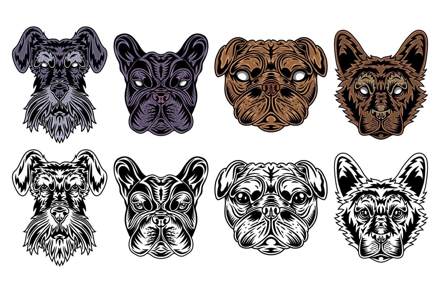 cara de perro schnauzer miniatura, bulldog francés, pug, pastor estilo retro vintage. ilustración vectorial aislado sobre fondo blanco. elemento de diseño vector