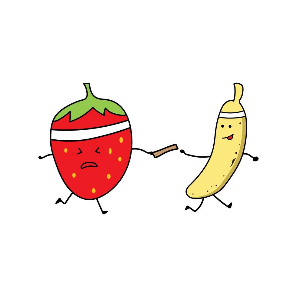 Kids drawing style funny banana and strawberry run a marathon in a cartoon style vector