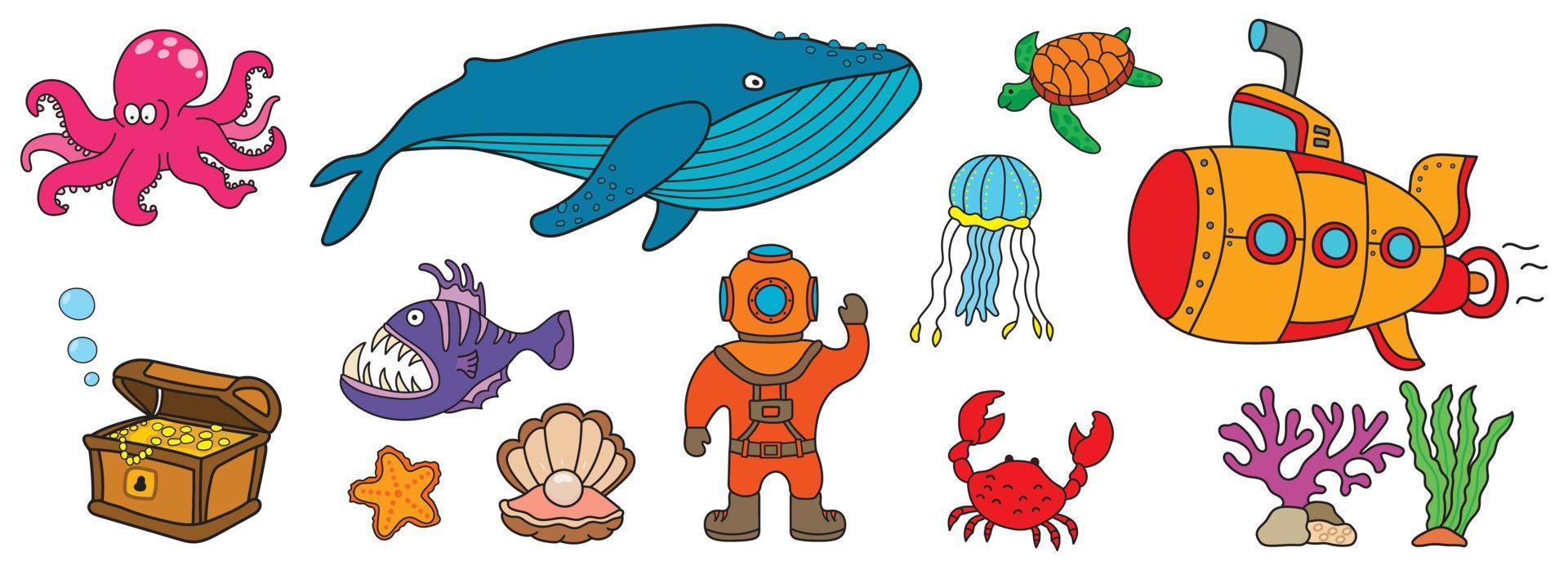 Deep ocean diver with set of marine things and sea animals