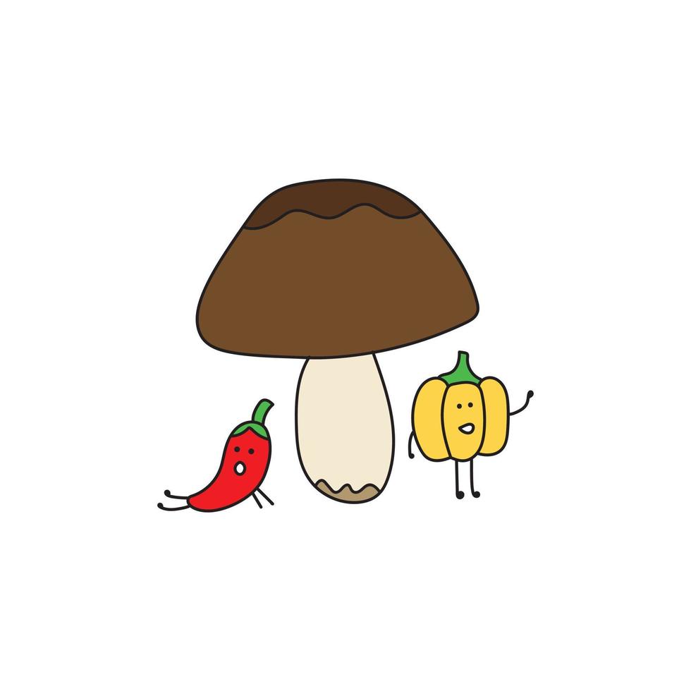 Kids drawing style funny vegetables taking shelter under mushroom isolates in a cartoon style. vector