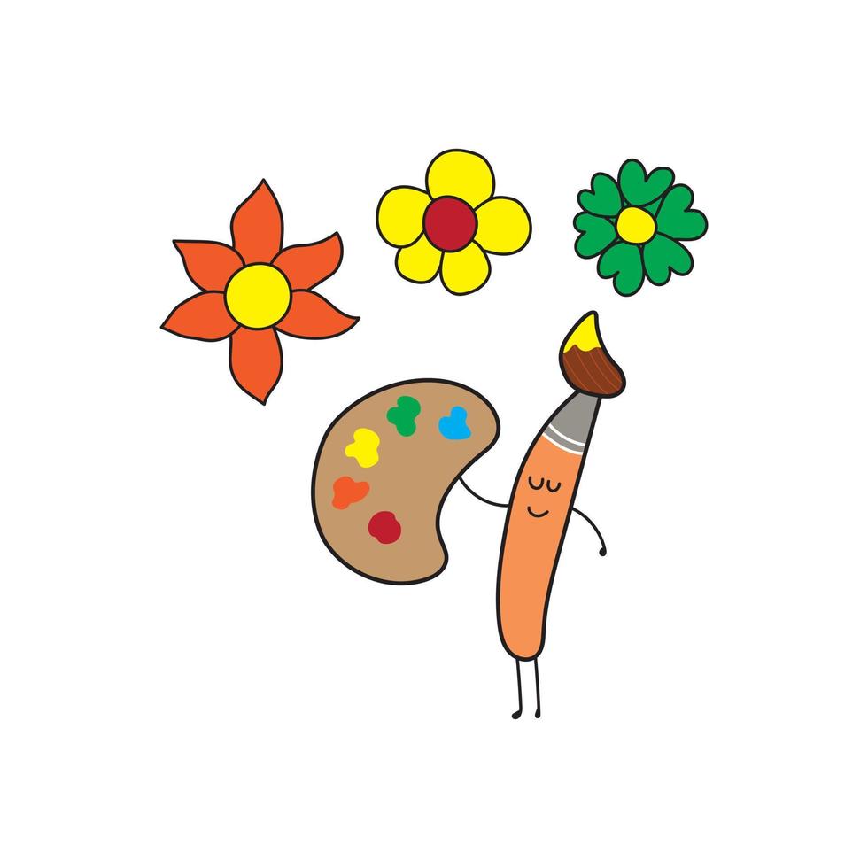 Kids drawing style funny art brush drawing flowers in a cartoon style vector