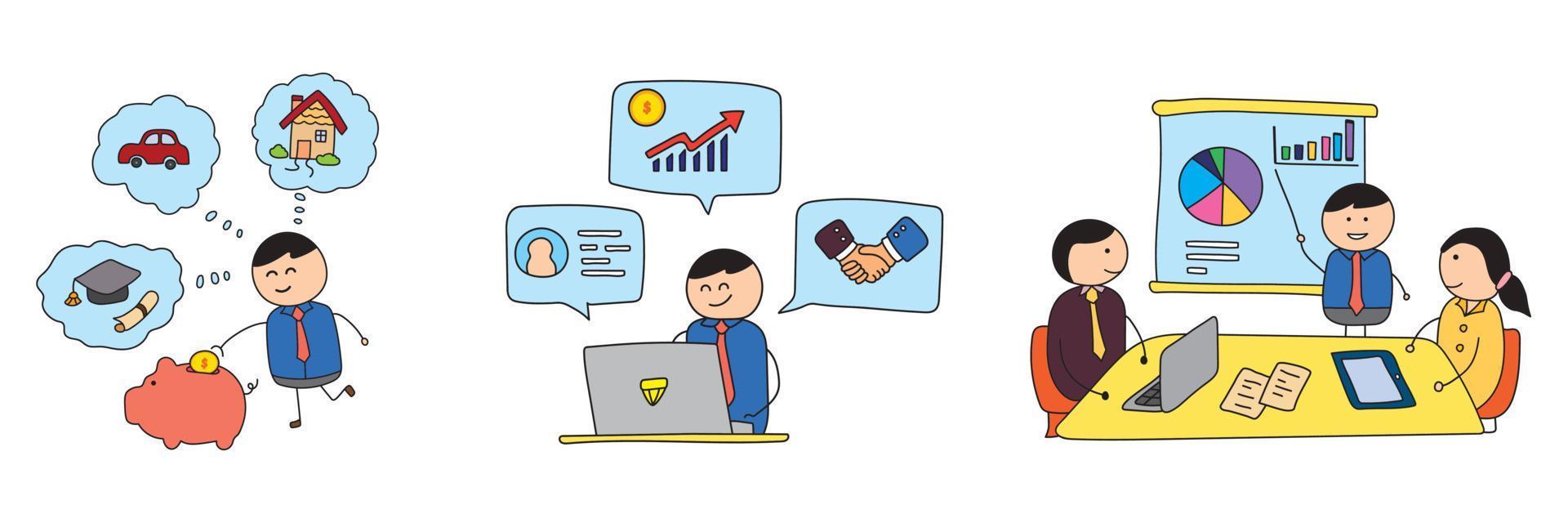 Finance illustration set. Characters saving money for investments. Business meeting, making a deal and celebrating financial success. Money increasing concept. vector