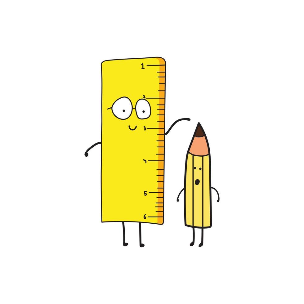 Kids drawing style funny cute ruler measures a pencil in a cartoon style vector