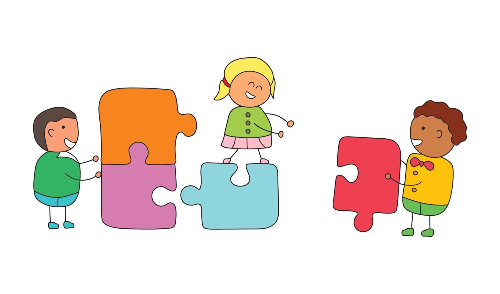 Vector Illustration Of Kids Playing Puzzle. Vector illustration in a flat style on a white background.