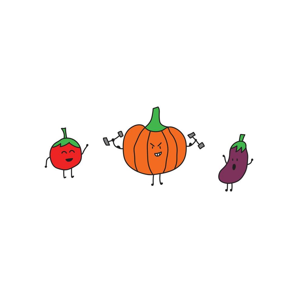 Kids drawing style funny vegetables workout isolates in a cartoon style. vector