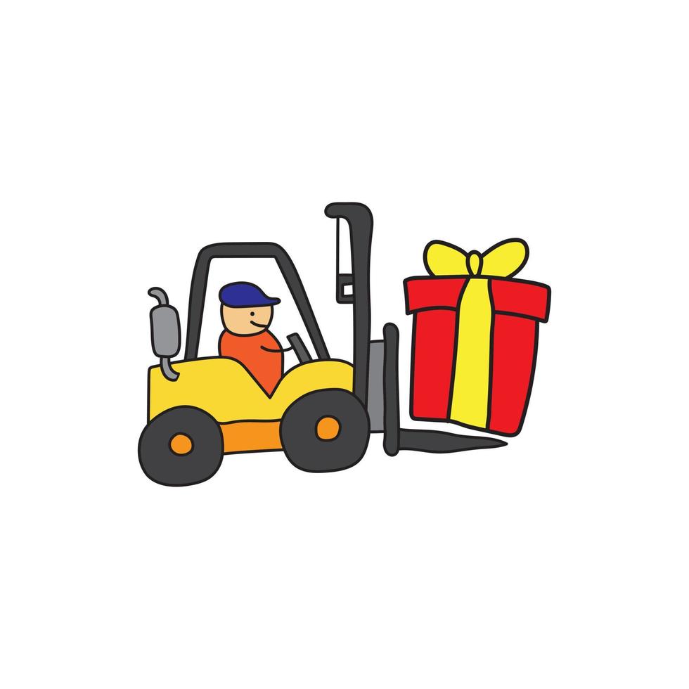 ilustración vectorial gráfico niños dibujo estilo divertido lindo montacargas levantando una caja gigante de regalo en un estilo de dibujos animados. vector