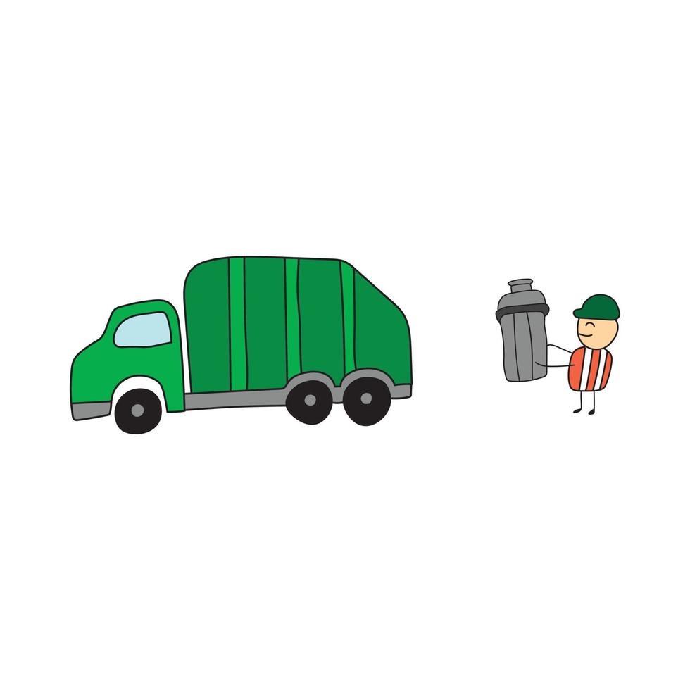 illustration vector graphic Kids drawing style funny garbage man holding trash bin with garbage truck in a cartoon style.