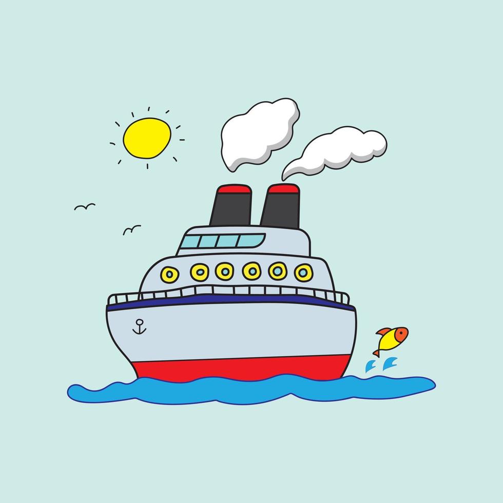 illustration vector graphic Kids drawing style funny cruise ship sailing on the sea in a cartoon style.