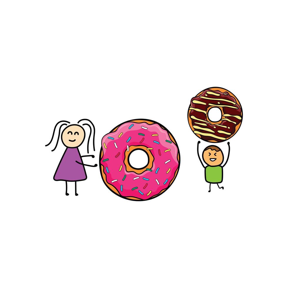 Kids drawing style funny girl and boy playing with doughnuts in a cartoon style vector