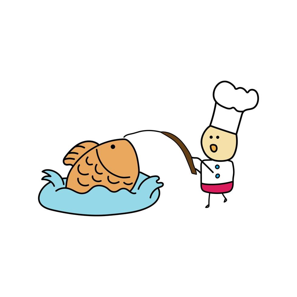 Kids drawing style funny baker caught a giant fish bread in a cartoon style vector