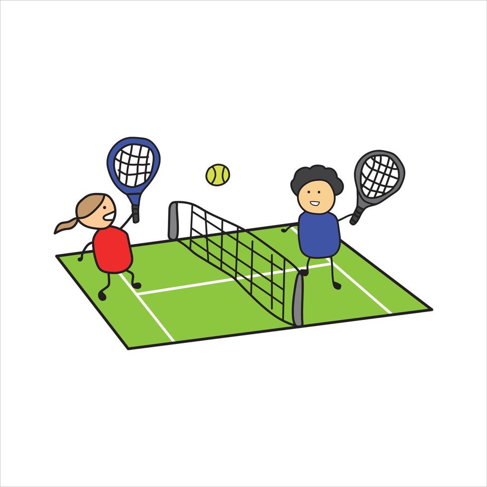 ilustración vectorial gráfico niños dibujo estilo divertido niño y niña jugando tenis en un campo de tenis en un estilo de dibujos animados. vector