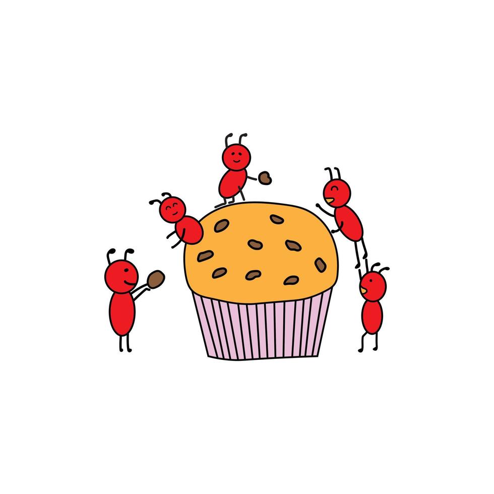Kids drawing style funny red ants working together with muffin in a cartoon style vector
