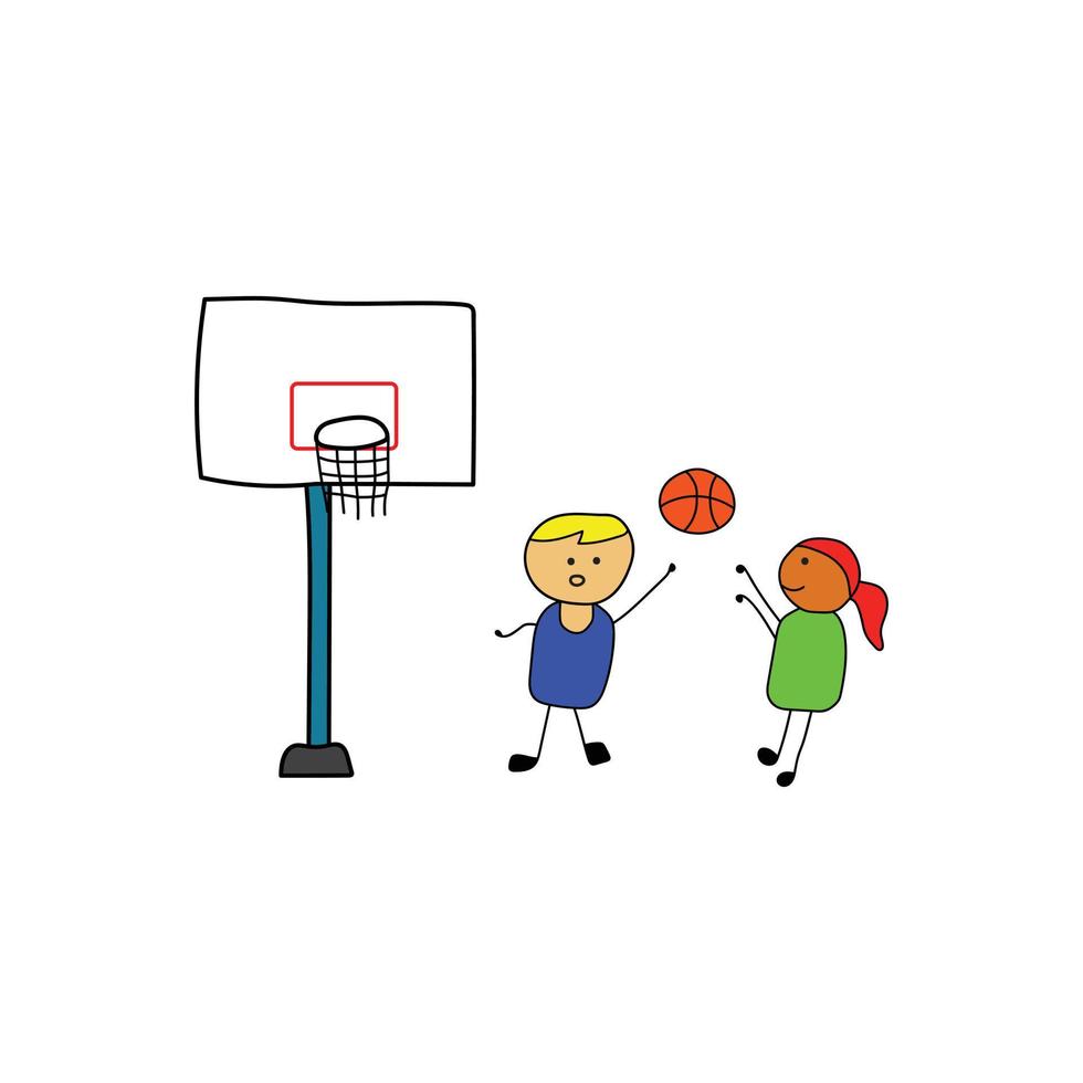 Kids drawing style cute kids playing basketball in a cartoon style vector