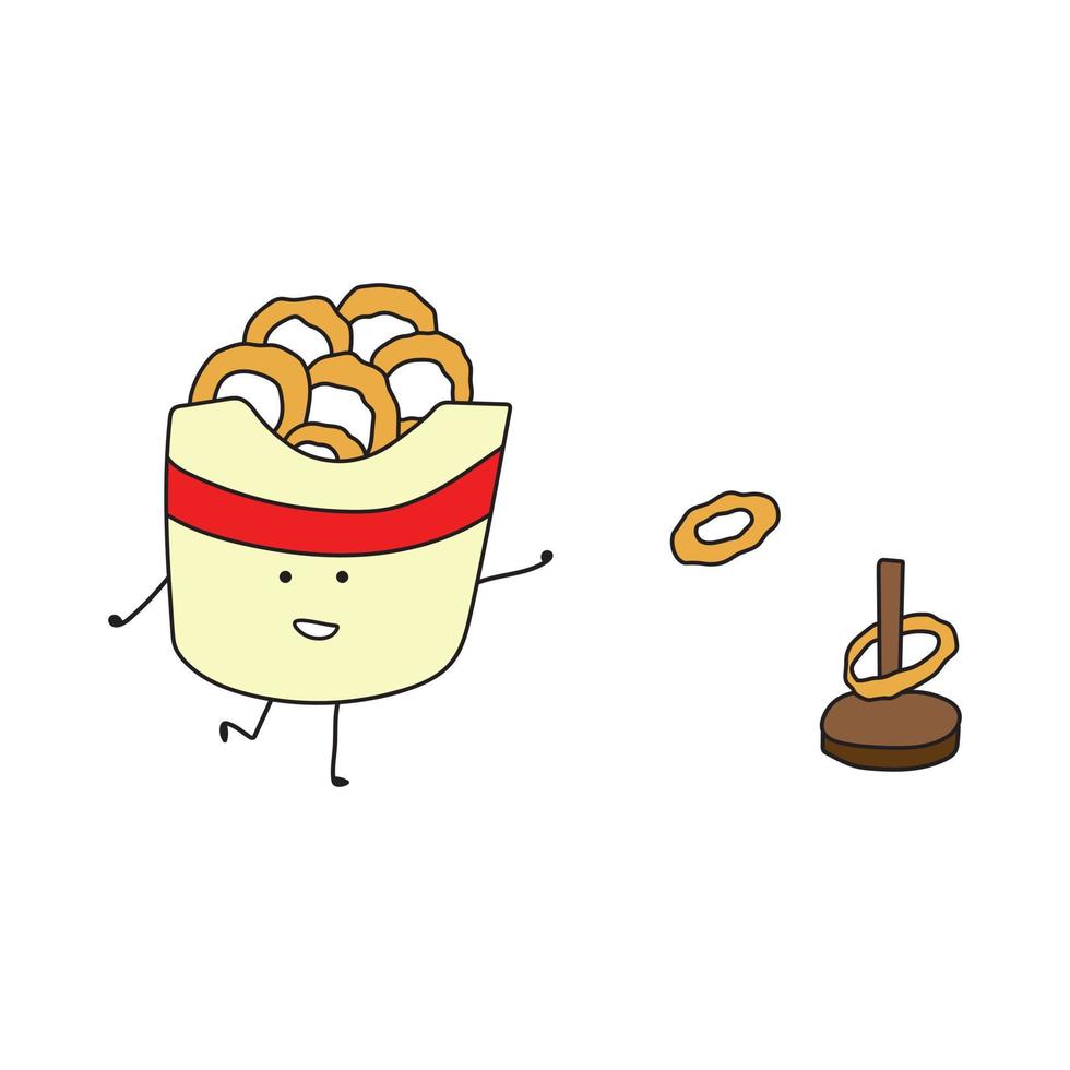 illustration vector graphic Kids drawing style funny fried onion rings  playing ring toss game in a cartoon style. 13761546 Vector Art at Vecteezy
