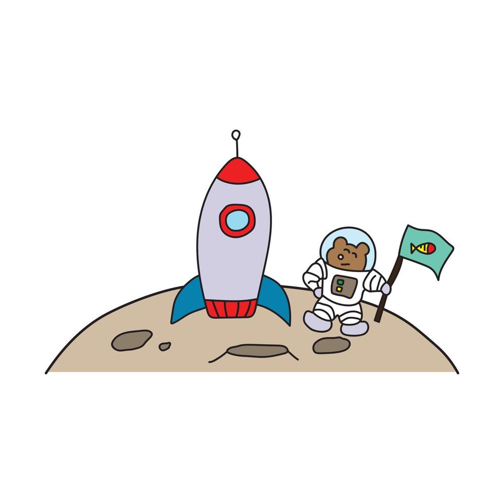 illustration vector graphic Kids drawing style funny cute astronaut bear with rocket ship on the moon in a cartoon style.