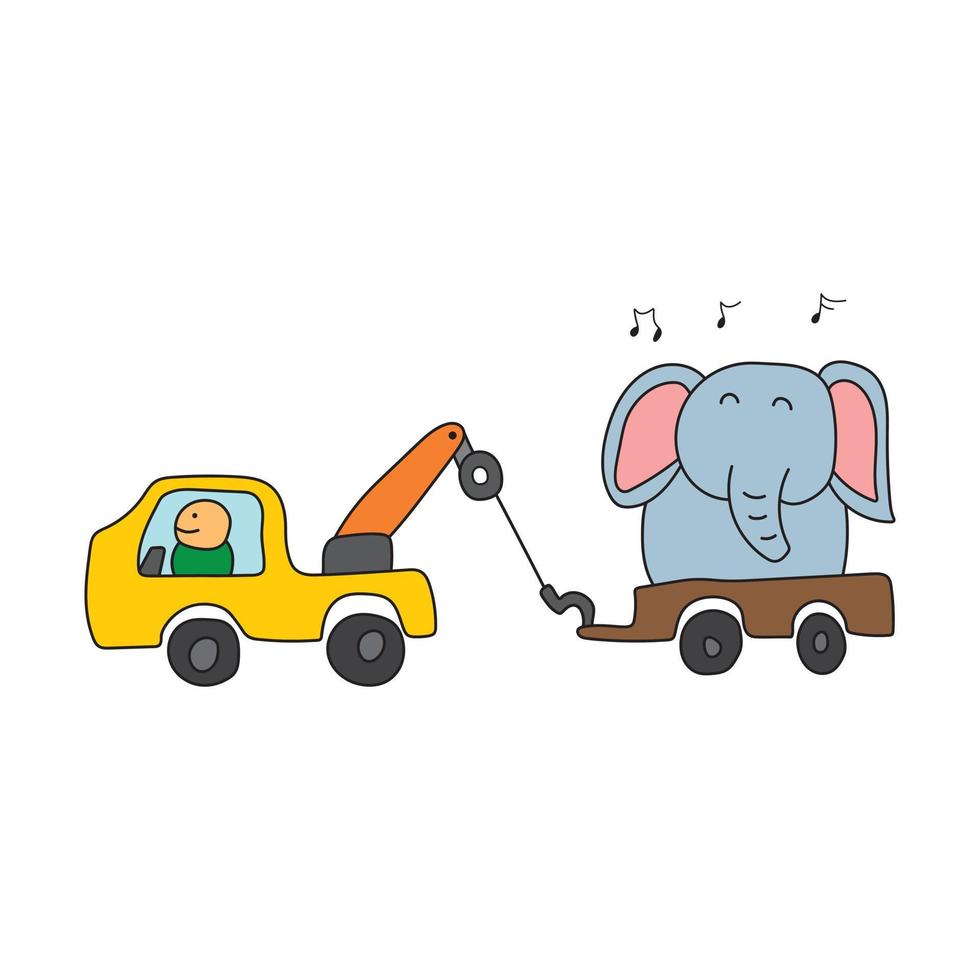 ilustración vectorial gráfico niños dibujo estilo divertido lindo camión de remolque remolcando un elefante en un estilo de dibujos animados. vector