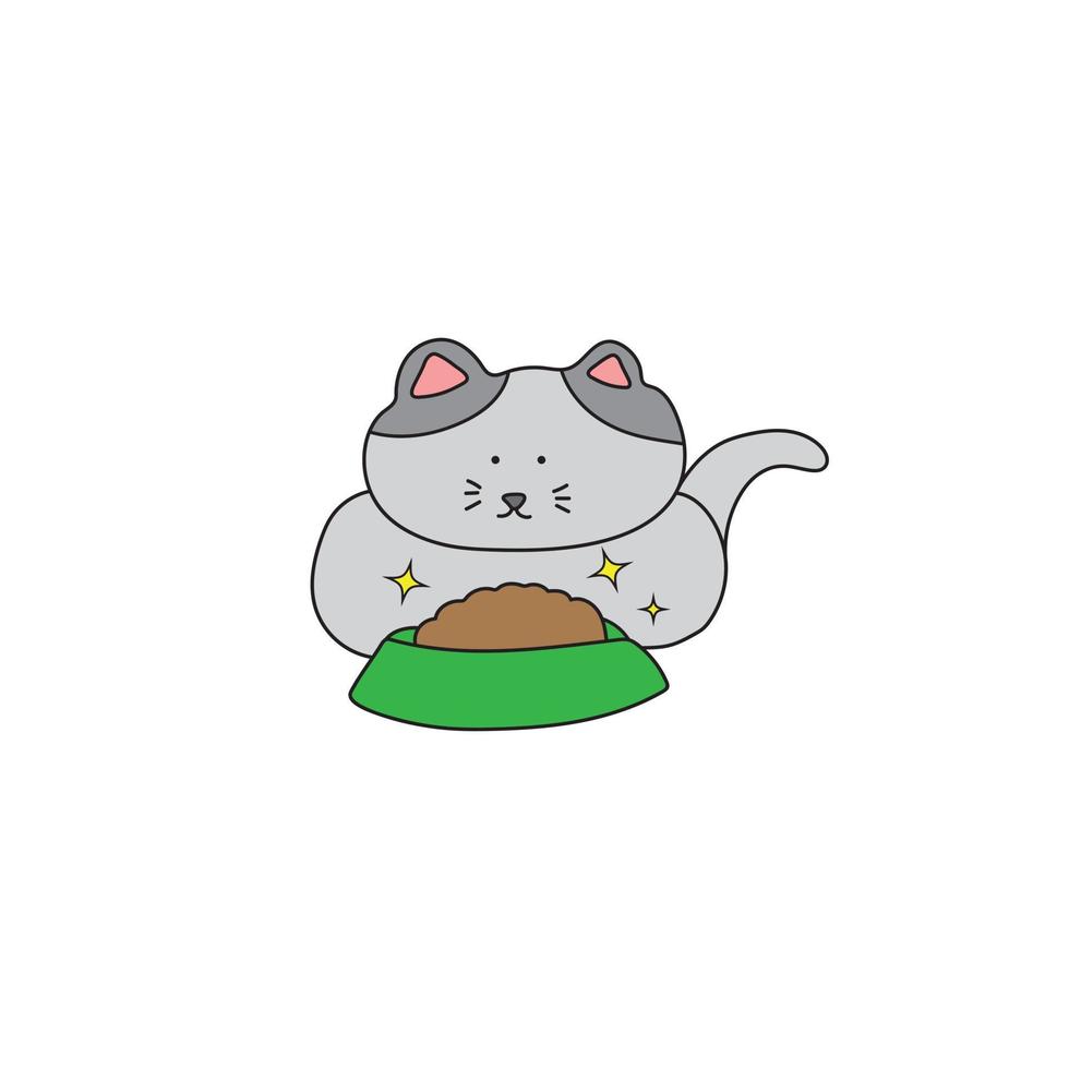 Illustration vector graphic Kids drawing style funny cute grey cat eating  cat food in a cartoon style. 13761557 Vector Art at Vecteezy
