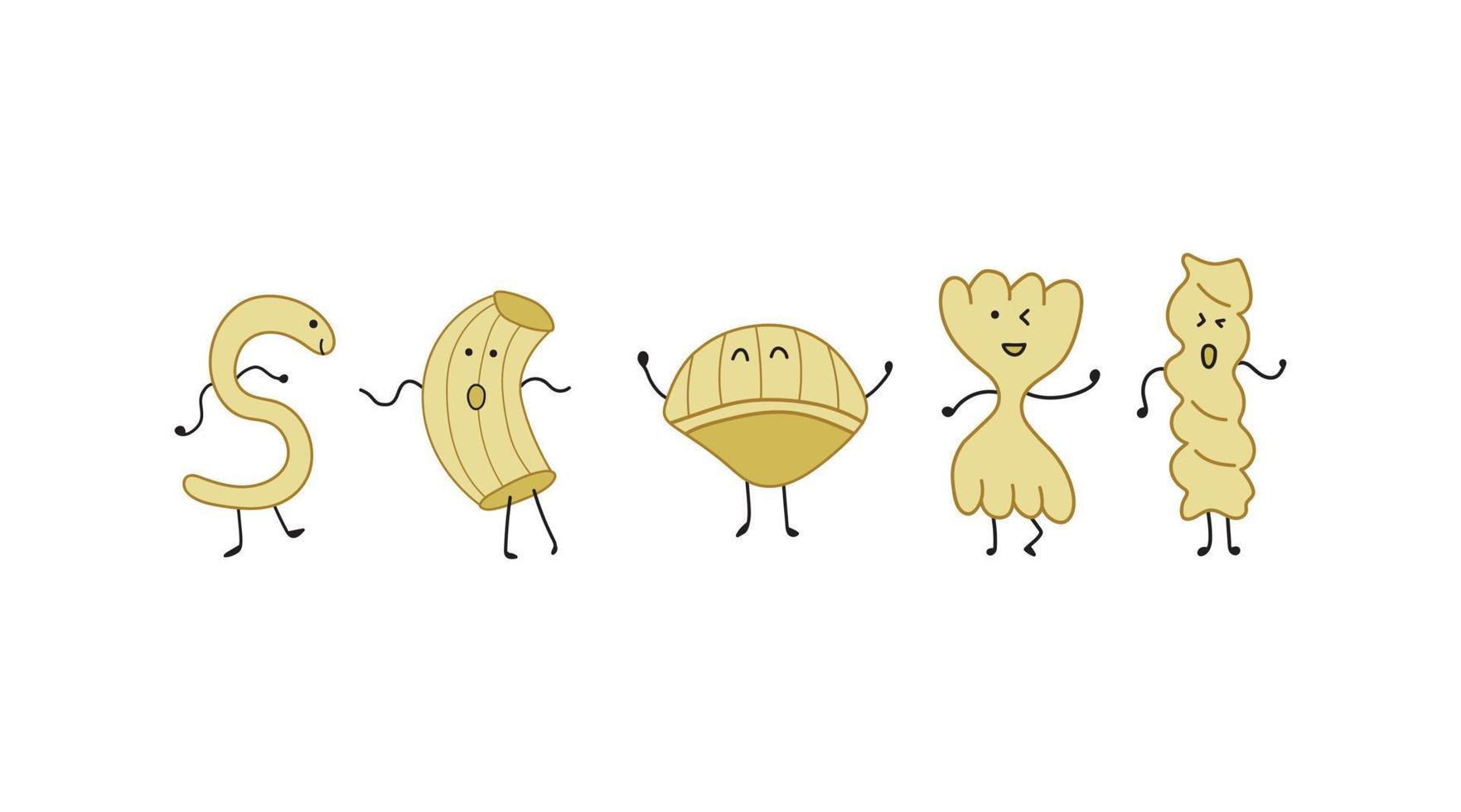 ilustración vectorial gráfico niños dibujo estilo divertido todos los diferentes tipos de pasta bailando en un estilo de dibujos animados. vector