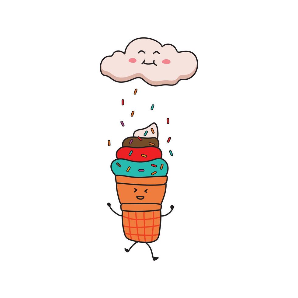 illustration vector graphic Kids drawing style funny cute ice cream playing in the sprinkles rain in a cartoon style.