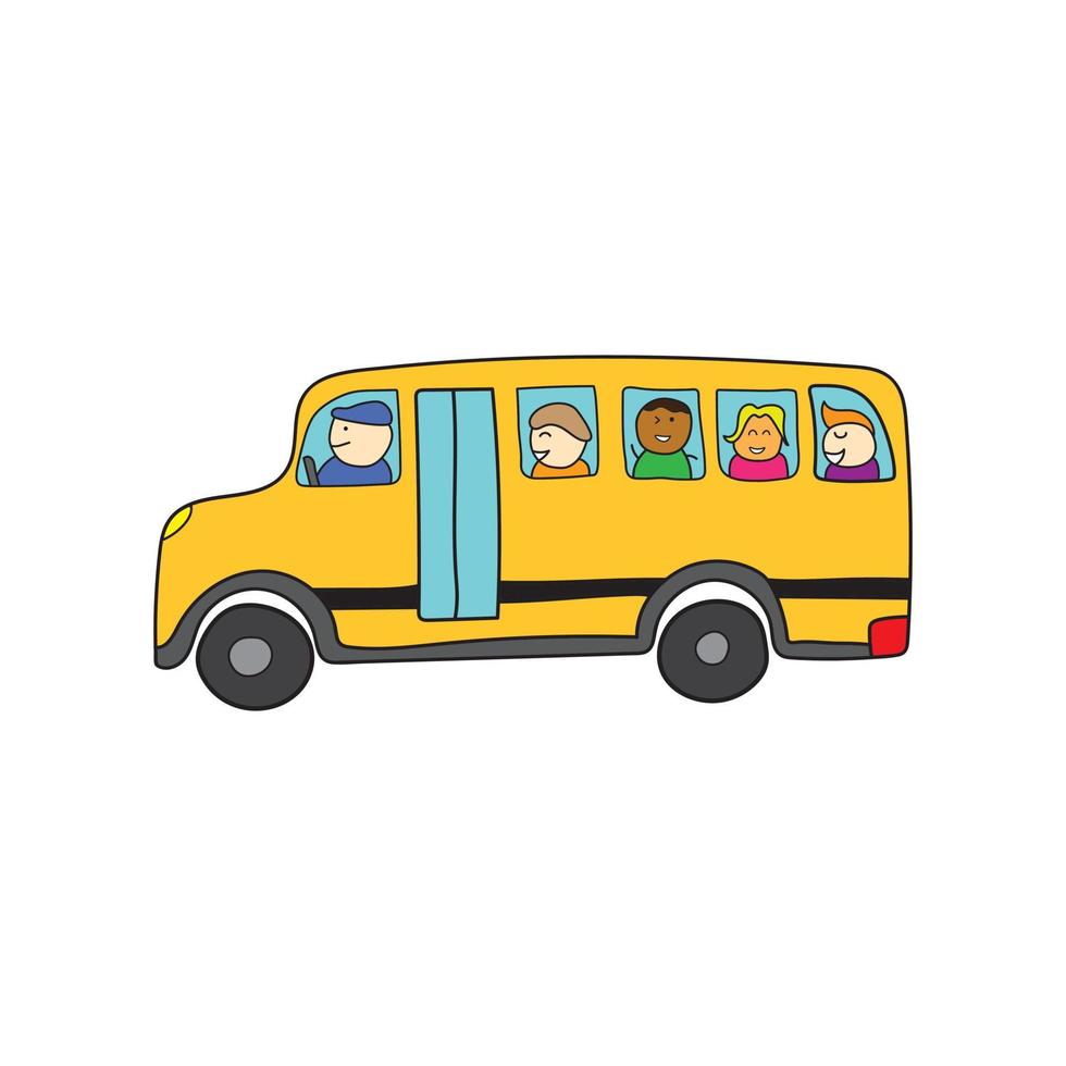 divertido lindo autobús escolar amarillo con niños felices en un estilo de dibujos animados. vector
