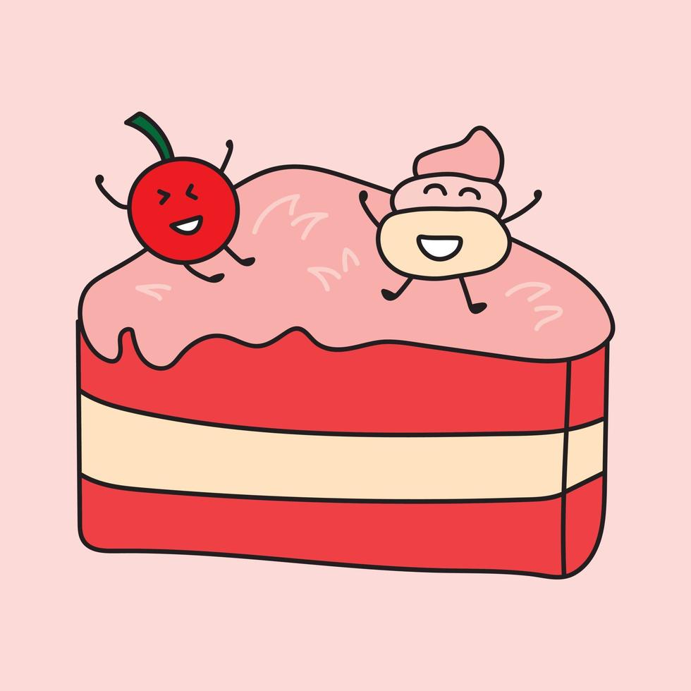 Illustration vector graphic Kids drawing style funny cute strawberry and cream playin on a piece of cake in a cartoon style.